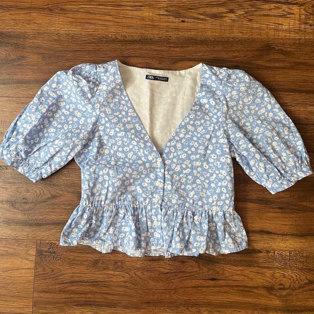 Zara Blue Floral Crop Top Women XS Vneck Puff Sleeves Coquette Cottagecore Boho